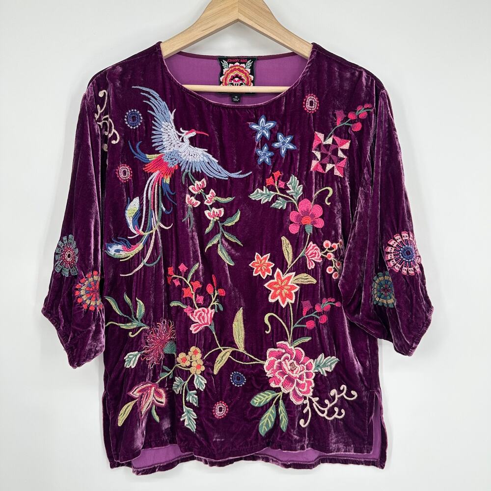 Johnny Was Nikkola Velvet Blousee Embroidered Floral Bird Boho Flowy Top Purple